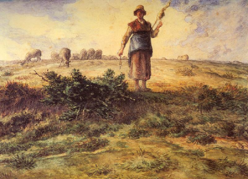 Jean-Franc Millet A Shepherdess and her Flock Watercolour heightened with white Norge oil painting art